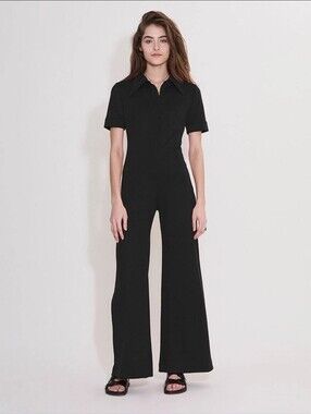 Suzie Kondi Ponte Short Sleeve Jumpsuit One Piece Black Size Small Wide Leg